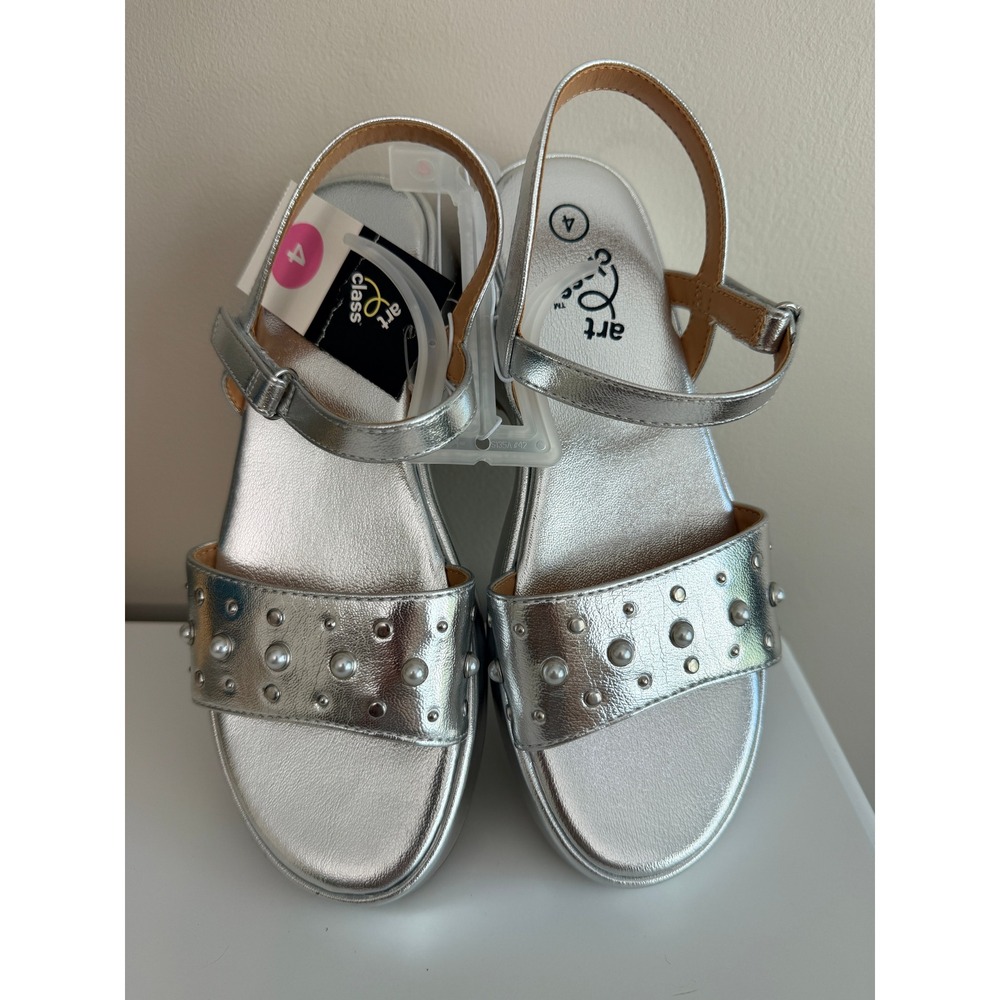 Art Class Platform Sandals Girls Size 4‎ Silver Studded Pearl NWT - Picture 3 of 3